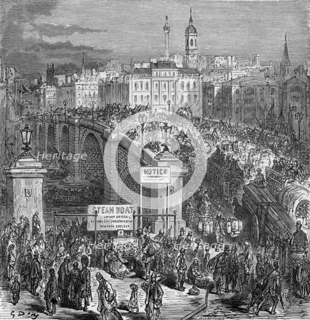 Busy scene on London Bridge, 1872.  Artist: Gustave Doré
