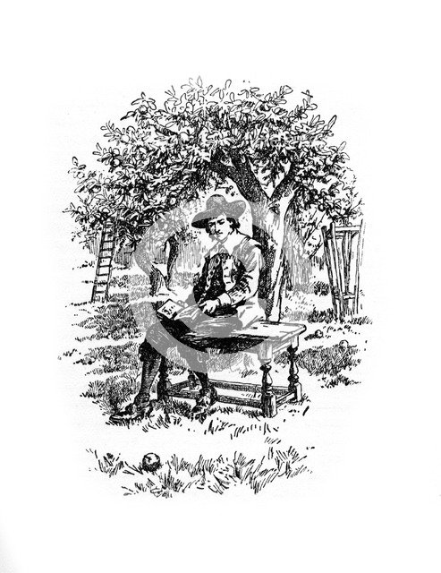 Sir Isaac Newton under the apple tree, (20th century). Artist: Unknown