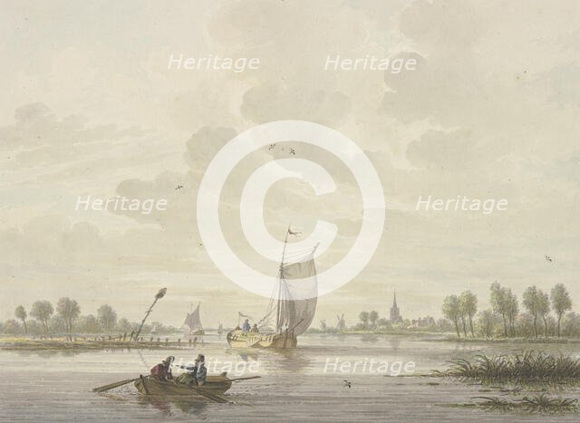 Several barges sail on a river, a rowboat in the foreground. Creator: Nicolaas Wicart.