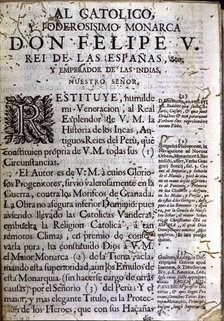 First page of the book 'Comentarios Reales' (Royal Commentaries), edition of 1723 with a dedicato…