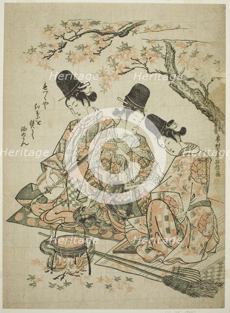 Parody of Palace Attendants Burning Maple Leaves to Heat Sake from "The Tale of Heike", c. 1750. Creator: Okumura Masanobu.