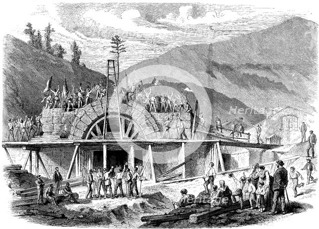 The opening of the Alps, placing the last stone in the Mont - Genís entrance tunnel between Franc…