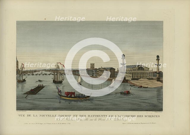 Vue de la nouvelle bourse et des bâtiments de l'académie des siences, et d'histoire..., 1817-1824. Creator: Courvoisier-Voisin, Henri (1757-1830).