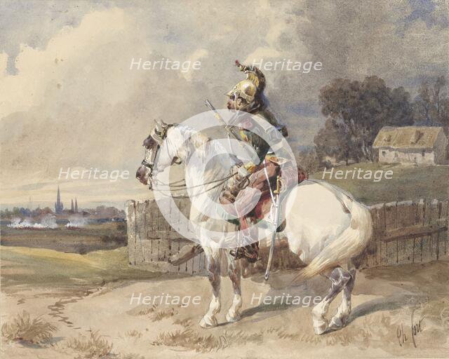 French dragoon on a white horse, 1825-1875. Creator: Théodore Fort.