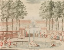 De Fontein van Hercules, met die van de Groote Sprong, voor 't Amphitheater', in: Tooneel ..., n.d.. Creator: Lorenz Scherm.