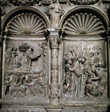 Detail of the base of the altarpiece in the main altar of the cathedral of Barbastro, with scenes…