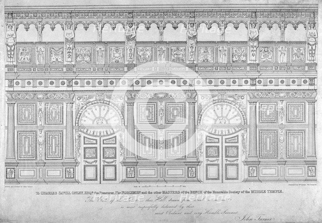 Elizabethan oak screen, Middle Temple Hall, City of London, 1828.                                    Artist: John Turner