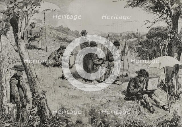Opponents of the Rome pension schemes drawing near the San Fernando Bridge, Madrid, Spain, 1878.  Creator: Manuel Domínguez.