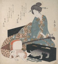 Woman Tuning a Shamisen and a Cat Looking at its Own Reflection, mid- 1820s. Creator: Gakutei.