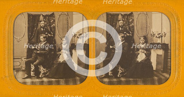 Parlor scene with two men and one woman, 1855-1860. Creator: Unknown.