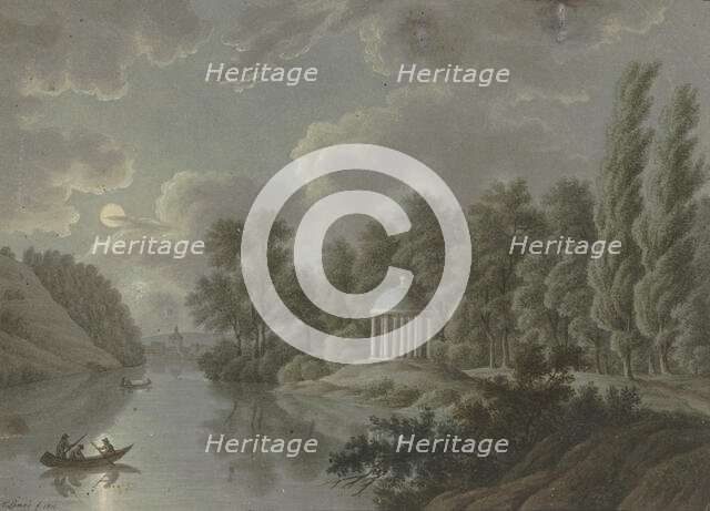 River area with a monopteros in the moonlight, 1811. Creator: T. Lamey.