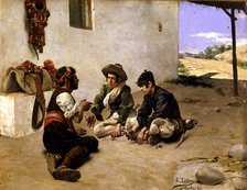  'Rogues playing cards with a muleteer', work by Fernando Tirado (1862-1907).