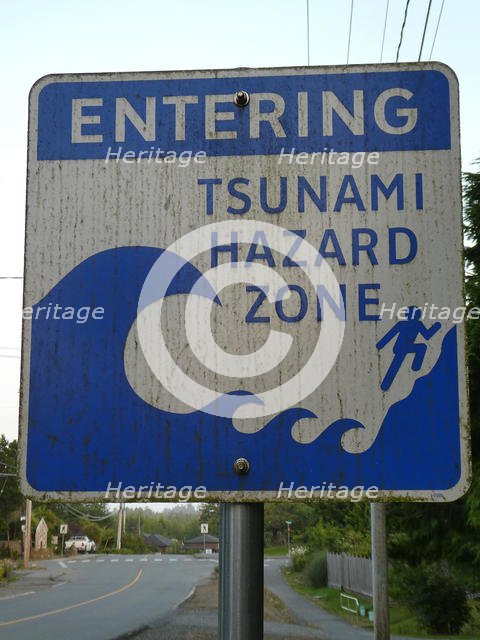 Tsunami warning road sign, British Columbia, Canada 2018. Creator: Unknown.