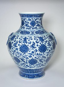 Vase with Loop Handles, Peony Scrolls, Eight Buddhist..., Qing dynasty, Qianlong reign(1736-1795). Creator: Unknown.