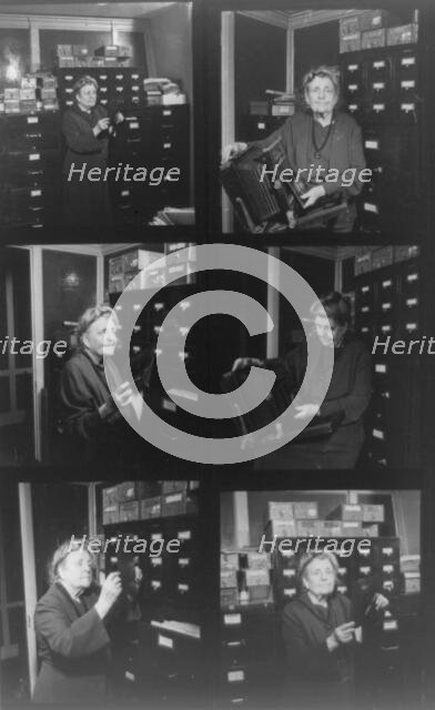 Composite of 6 contact photoprints of Frances Benjamin Johnston in her office..., 1940s. Creator: Frances Benjamin Johnston.