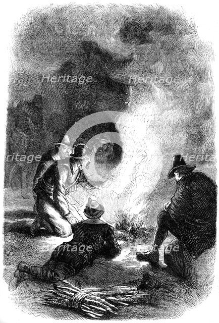 Pilgrim Fathers around a watch-fire, c1620 (c1880). Artist: Unknown