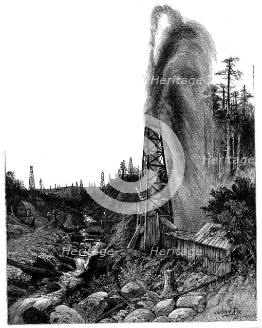 A gusher in the Pennsylvanian oilfields, USA, 1886. Artist: Unknown