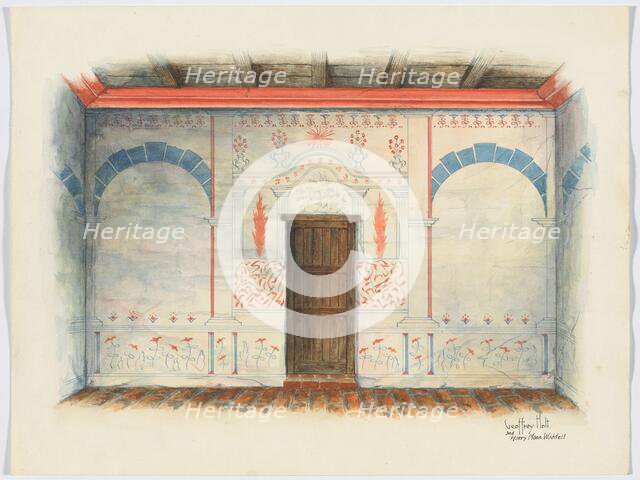 Restoration Drawing: Wall Painting; Door, 1937. Creators: Geoffrey Holt, Harry Mann Waddell.