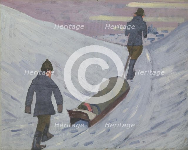 World War I: transport of the wounded by sledge in Russia, 1918. Creator: Jan Gordon.