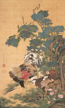 Rooster, Hen and Hydrangeas, c1755. Creator: Jakuchu, Ito (1716-1800).