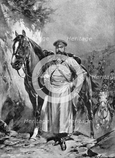 Alexei Nikolaievich Kuropatkin with his horse, Russo-Japanese War, 1904-5. Artist: Unknown