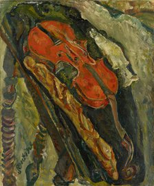 Nature morte au violon, pain et poisson (Still life with violin, bread and fish), c. 1922. Creator: Soutine, Chaim (1893-1943).