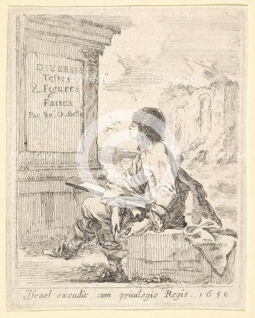 Plate 1: a young man sitting on a stone, facing left in profile, holding a drawing pad in ..., 1650. Creator: Stefano della Bella.
