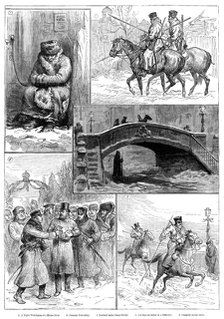 Sketches in St. Petersburg: Night Watchman; Cossacks Patrolling; Sentinel under Canal Bridge..., 188 Creator: Unknown.