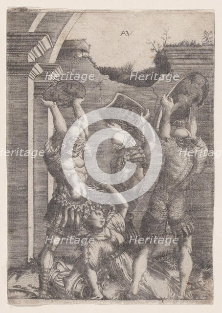 Tarpeia Crushed by the Sabines, ca. 1514-36. Creator: Agostino Veneziano.