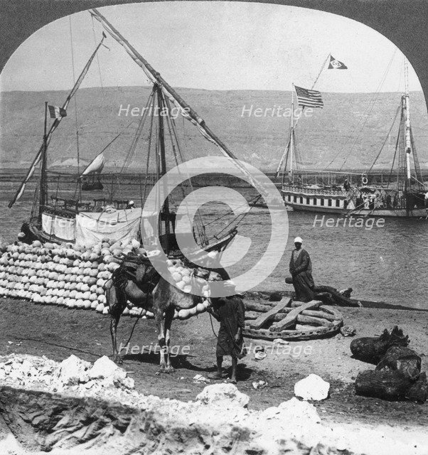 'Dahabiyehs on the river ready for a Nile voyage, Egypt', 1905.Artist: Underwood & Underwood