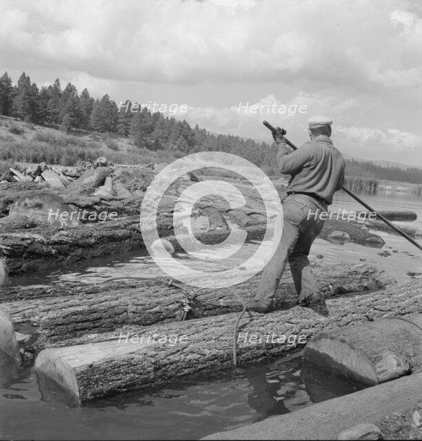Pond monkey channels log raft, Keno, Klamath County, Oregon, 1939. Creator: Dorothea Lange.
