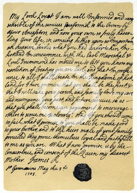 Letter from James Edward Stuart to Simon Fraser, Lord Lovat, St Germains, 3rd May 1703.Artist: James Stuart