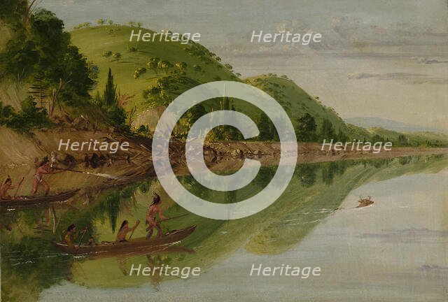 View on the St. Peter's River, Sioux Indians Pursuing a Stag in their Canoes, 1836-1837. Creator: George Catlin.