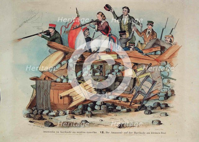 The Amazon on the barricade at the Small Ring in Prague, 1848. Creator: Andel, Bedrich (1821-1895).