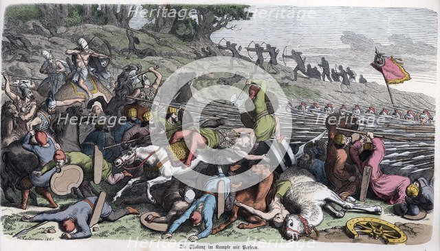 Ancient History. Macedonia. Macedonian phalanx fighting the Persians. German engraving, 1865.