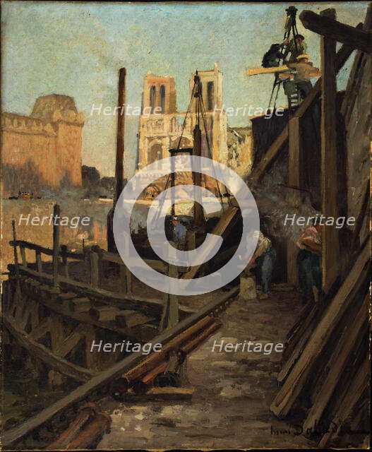 Metro works at the Quai Saint-Michel, c1906. Creator: Henri Dabadie.