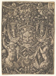 Ornamental Design with a Mask and an Eagle between Two Fauns below, 1549. Creator: Heinrich Aldegrever.