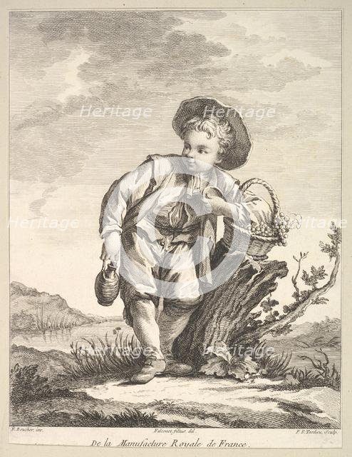 Little boy holding a basket of grapes, from Deuxième Livre de Figures d'après les po..., after 1757. Creator: Pierre Francois Tardieu.