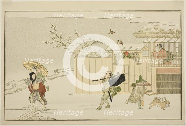 Delivering New Year Gifts in the Snow, from the illustrated kyoka anthology "The Young God..., 1789. Creator: Kitagawa Utamaro.