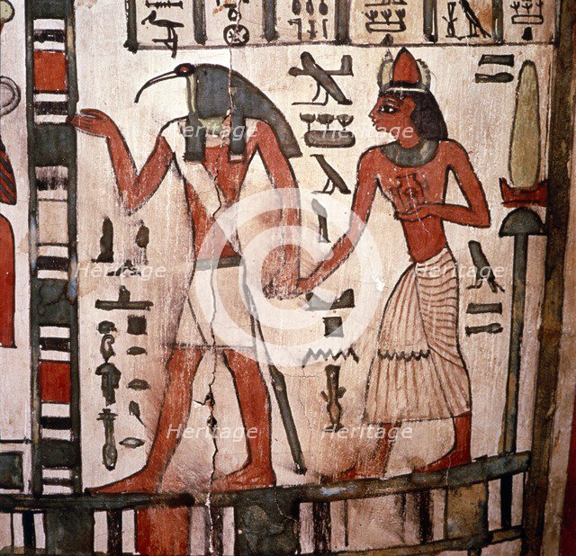 Thoth, Ibis-headed god leads the deceased to the Underworld, Mummy-case of Pensenhor, c900BC. Artist: Unknown.