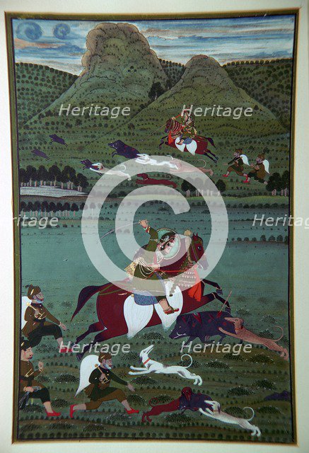 Painting of Maharana Jawan Singh hunting wild boars, 19th century. Artist: Unknown