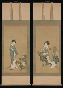 Yanji with Orchids and Yang Guifei with Peonies, 1785. Creator: Genki.