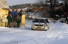 Juha Kankkunen in Lancia Delta HF during 1987 Monte Carlo Rally. He finished 2nd overall Artist: Unknown.