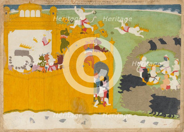 The Monkey Leader Angada Steals Ravana's Crown from His Fortress..., ca. 1725. Creator: Manaku.