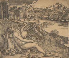 Naked woman (Leda) and swan (Zeus) embrace on a river bank; two figures jump..., early 16th century. Creator: Anon.