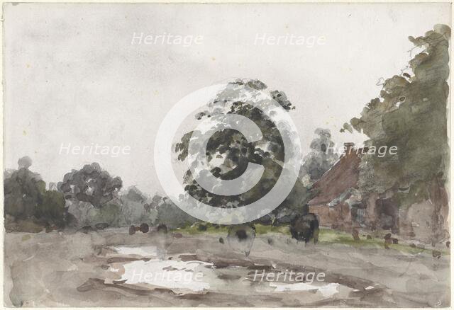 Farmyard under tall trees with water in the foreground, 1845-1925. Creator: Julius Jacobus van de Sande Bakhuyzen.