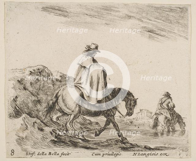 Plate 8: a horseman descends a riverbank, another horseman in river to right, from ..., ca. 1644-47. Creator: Stefano della Bella.