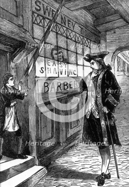 A customer outside Sweeney Todd's barber shop, c1880.  Creator: Unknown.