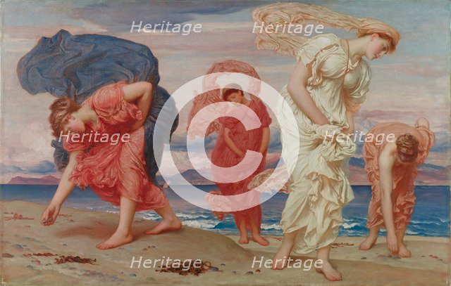 Greek girls picking up pebbles by the sea.