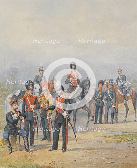 Officers and Soldiers of the Life-Guards Dragoon Regiment, 1873. Artist: Balashov, Pyotr Ivanovich (?-1888)